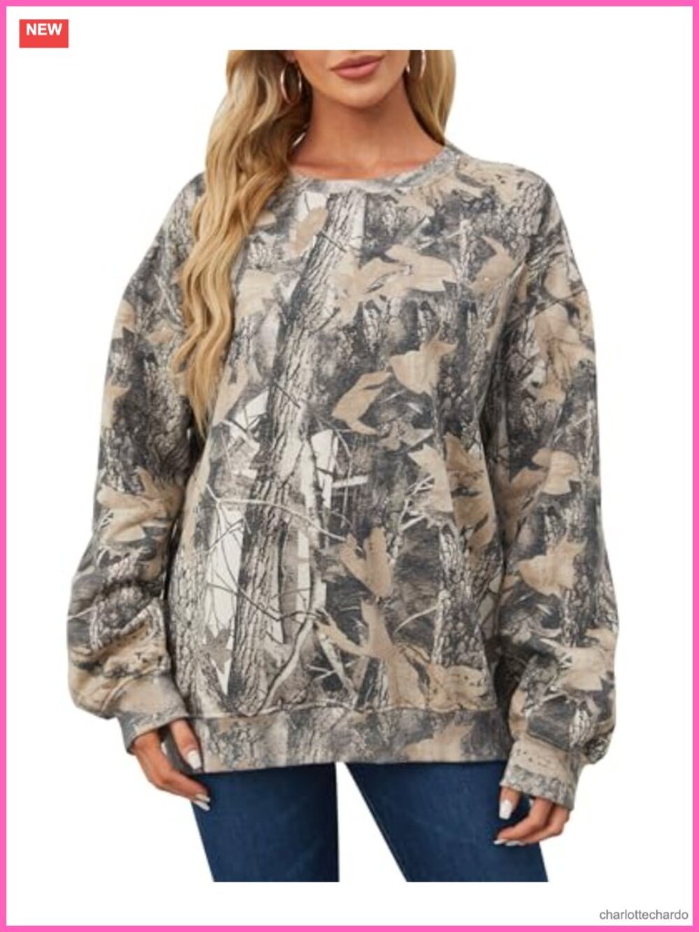 Women's Oversized Camo Crewneck Sweatshirt Maple Leaf Print Cotton Blend Fleece